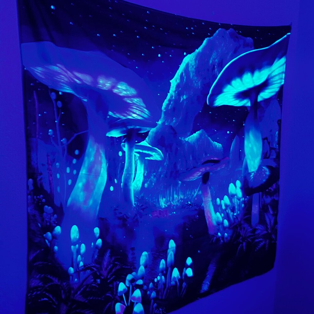 Mushroom kingdom plant stary night sky blacklight tapestry wall decor hanging